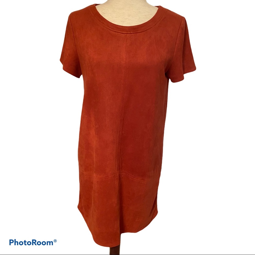 MINKPINK DRESS MINI SHIFT RED RUST FAUX SUEDE SHORT SLEEVE CREWNECK Size S